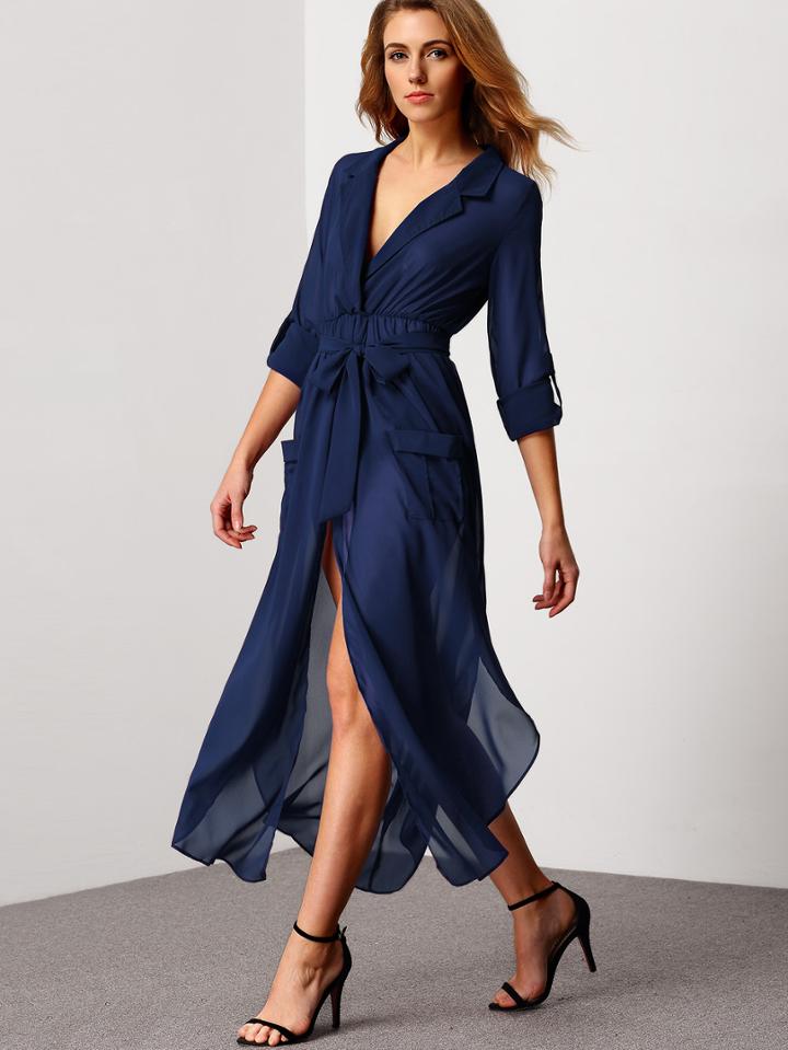 Shein Royal Blue Deep V Neck Self-tie Pockets Chiffon Dress