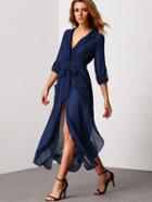 Shein Royal Blue Deep V Neck Self-tie Pockets Chiffon Dress