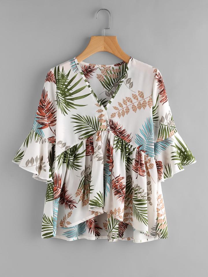Shein Random Leaf Print Flute Sleeve Dip Hem Blouse