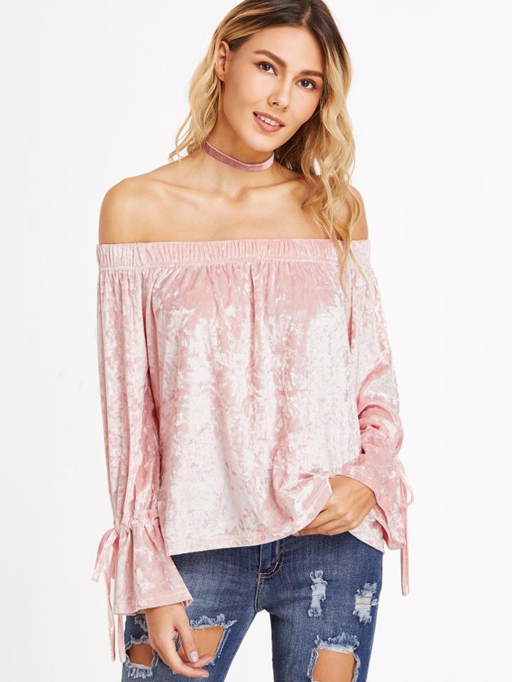 Shein Pink Off The Shoulder Drawstring Cuff Velvet Top