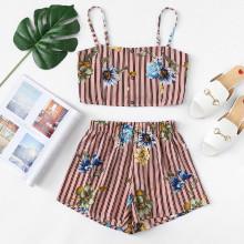 Shein Floral Print Striped Cami Top With Shorts
