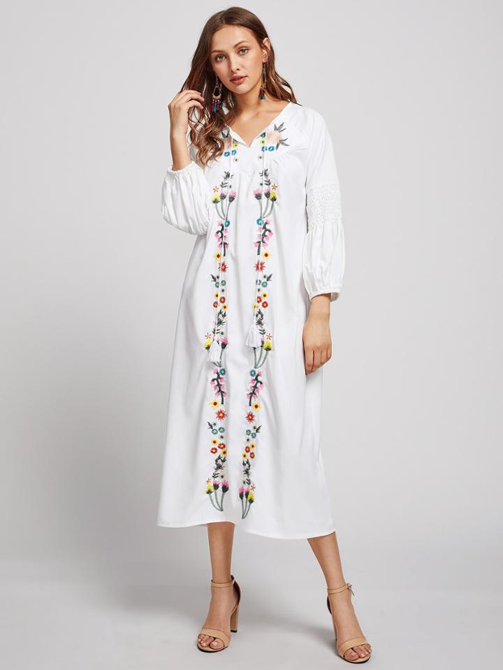 Shein Flower Embroidered Shirred Lantern Sleeve Dress