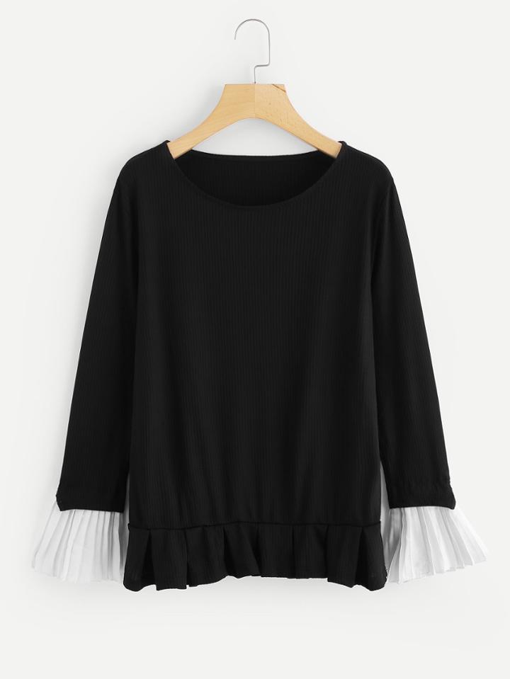 Shein Contrast Pleated Cuff Ruffle Hem Tee