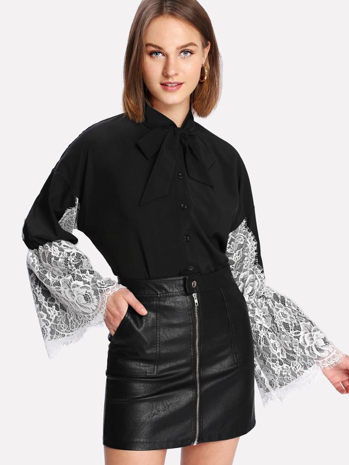 Shein Lace Contrast Sleeve Blouse