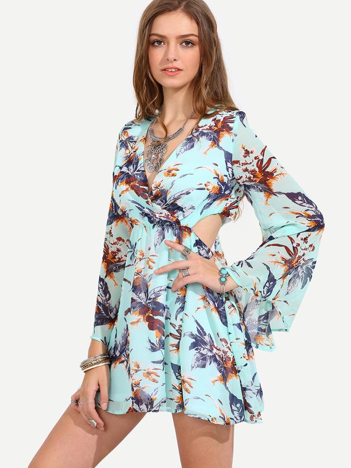 Shein Multicolor Floral V Neck Cutout Long Sleeve Jumpsuit