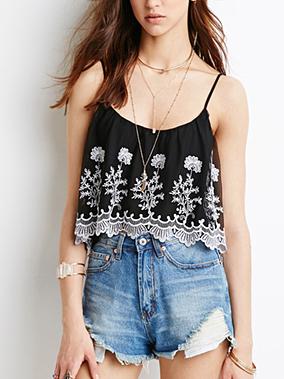 Shein Black Spaghetti Strap Embroidered Flounce Cami Top