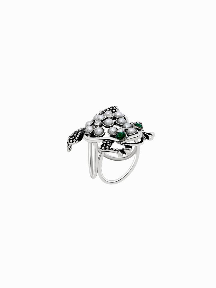 Shein Antique Silver Faux Pearl Inlay Etched Frog Scarf Ring