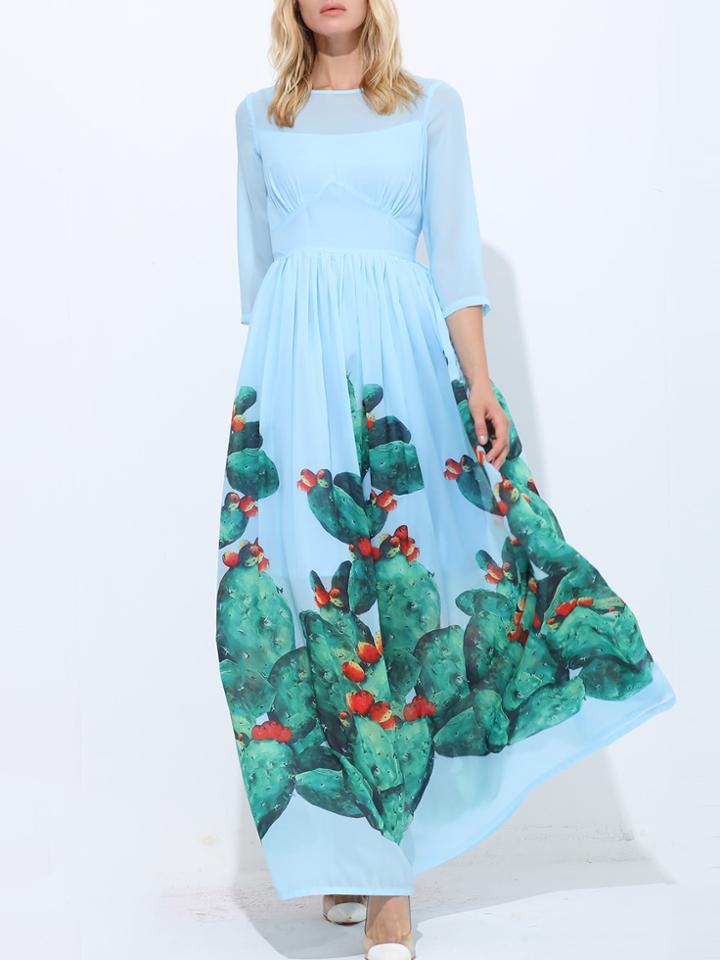 Shein Crew Neck Cactus Print Maxi Dress