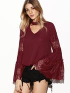 Shein Choker V Cutout Lace Panel Trumpet Sleeve Top