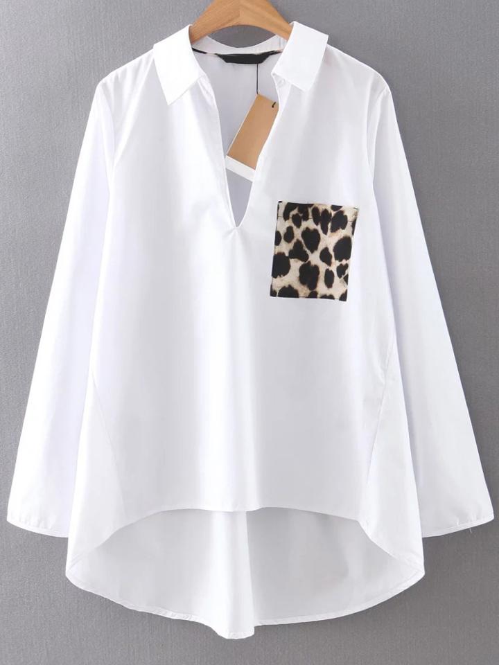 Shein Dip Hem Blouse With Leopard Pocket