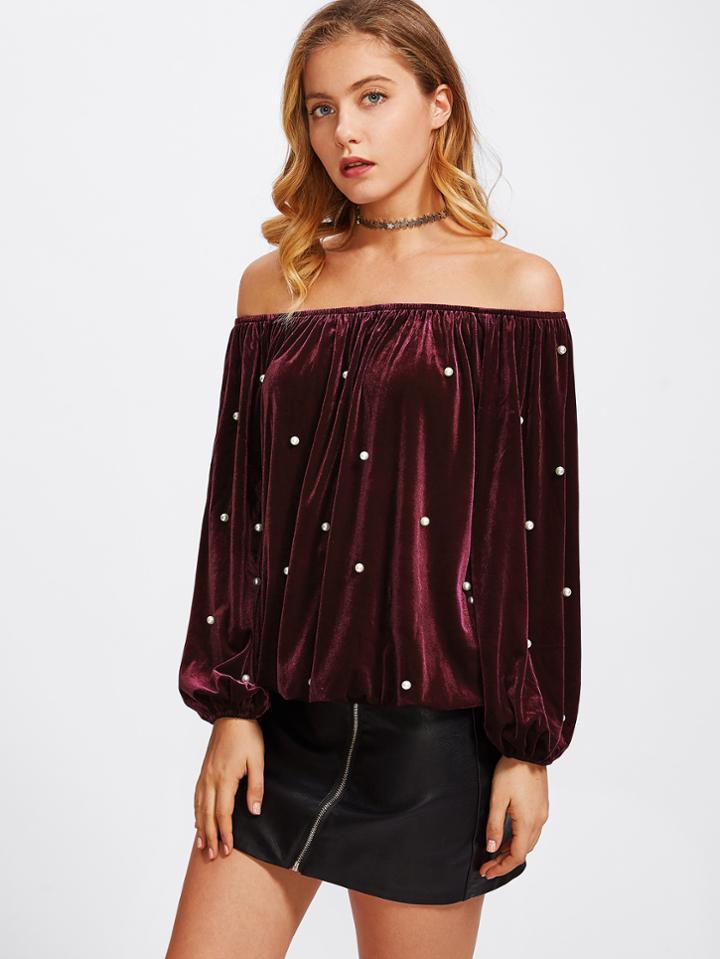 Shein Pearl Beading Off Shoulder Velvet Blouson Top
