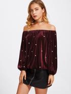 Shein Pearl Beading Off Shoulder Velvet Blouson Top