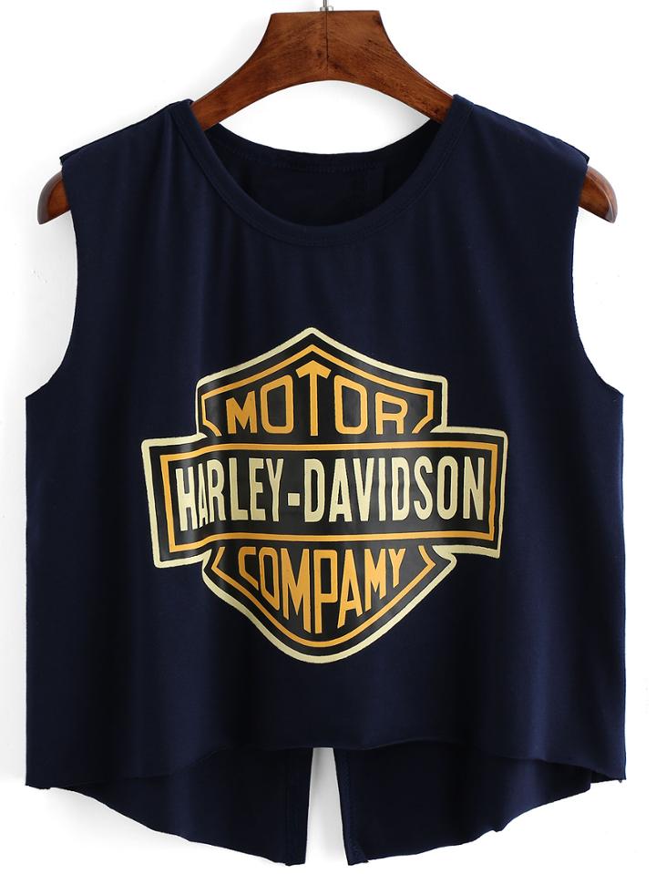 Shein Navy Letter Print Split Tank Top