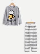 Shein Bee Print Top And Striped Pants Pajama Set