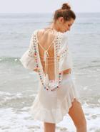 Shein Crochet Insert Backless Tassel Tie Pom Pom Cover Up