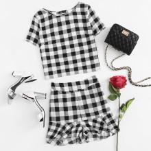 Shein Plaid Print Tee And Ruffle Trim Shorts Set