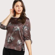 Shein Plus Contrast Binding Split Sleeve Floral Top
