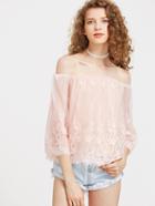 Shein Off Shoulder Embroidered Mesh Overlay Top