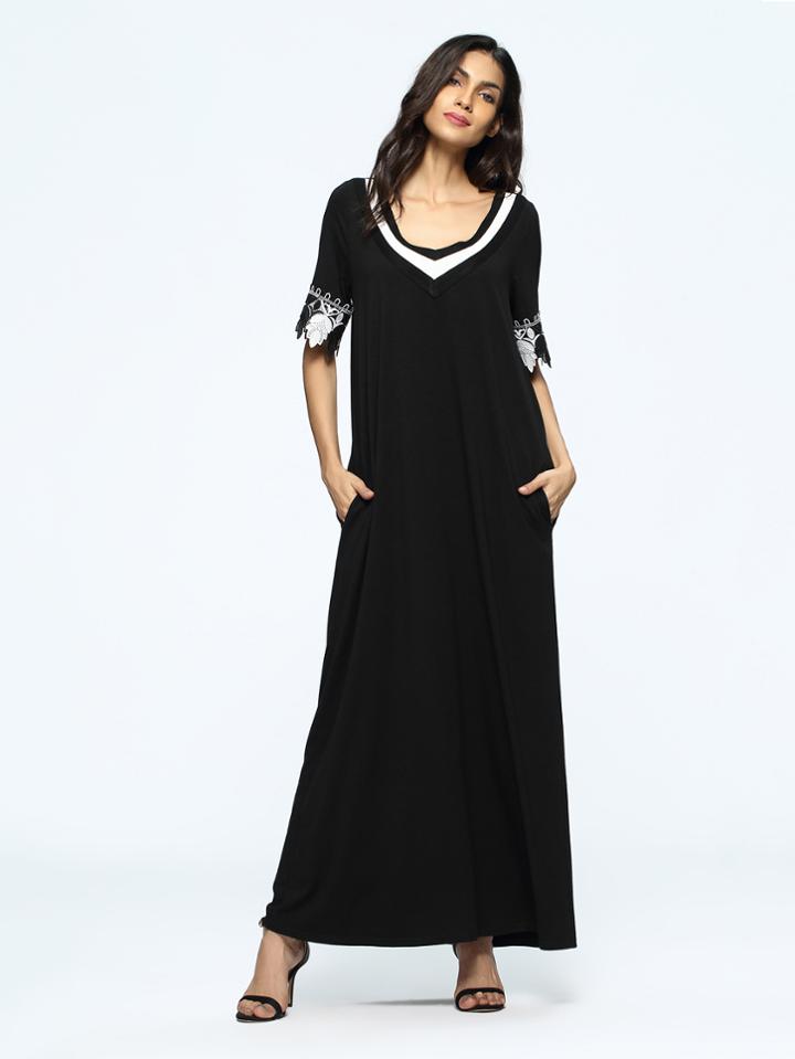 Shein Striped V Neckline Contrast Lace Cuff Maxi Dress