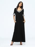 Shein Striped V Neckline Contrast Lace Cuff Maxi Dress
