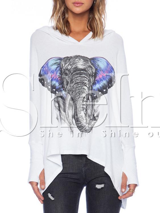Shein White Hooded Long Sleeve Elephant Print T-shirt
