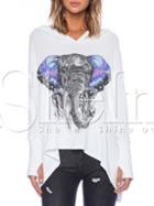 Shein White Hooded Long Sleeve Elephant Print T-shirt