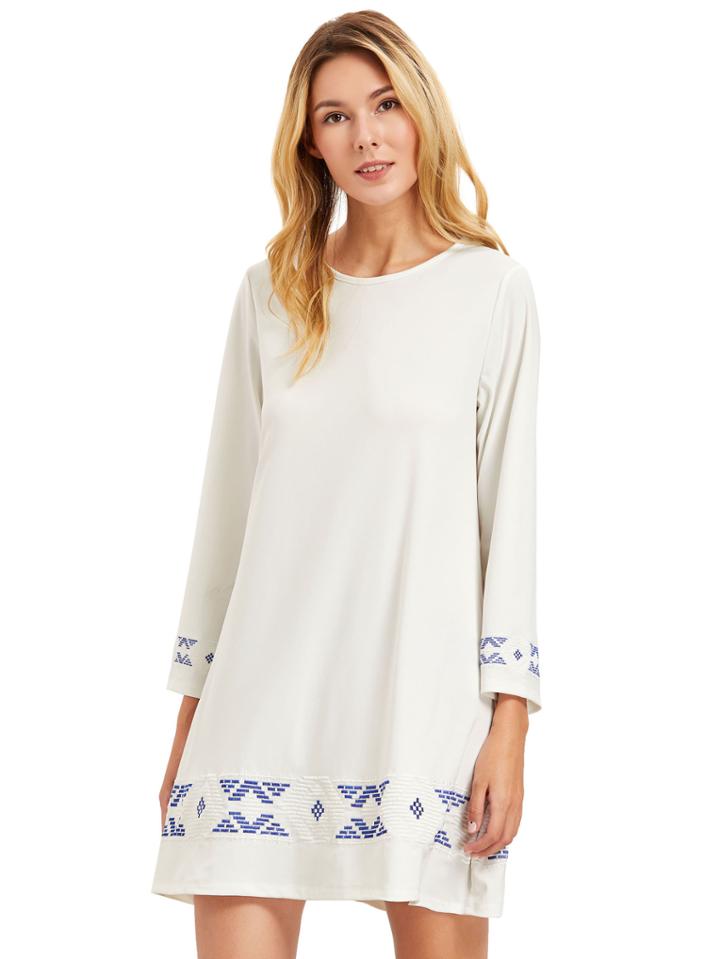 Shein Beige Floral Print Long Sleeve A Line Dress