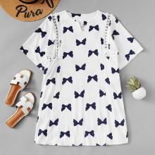 Shein Bow Print Contrast Lace Dress