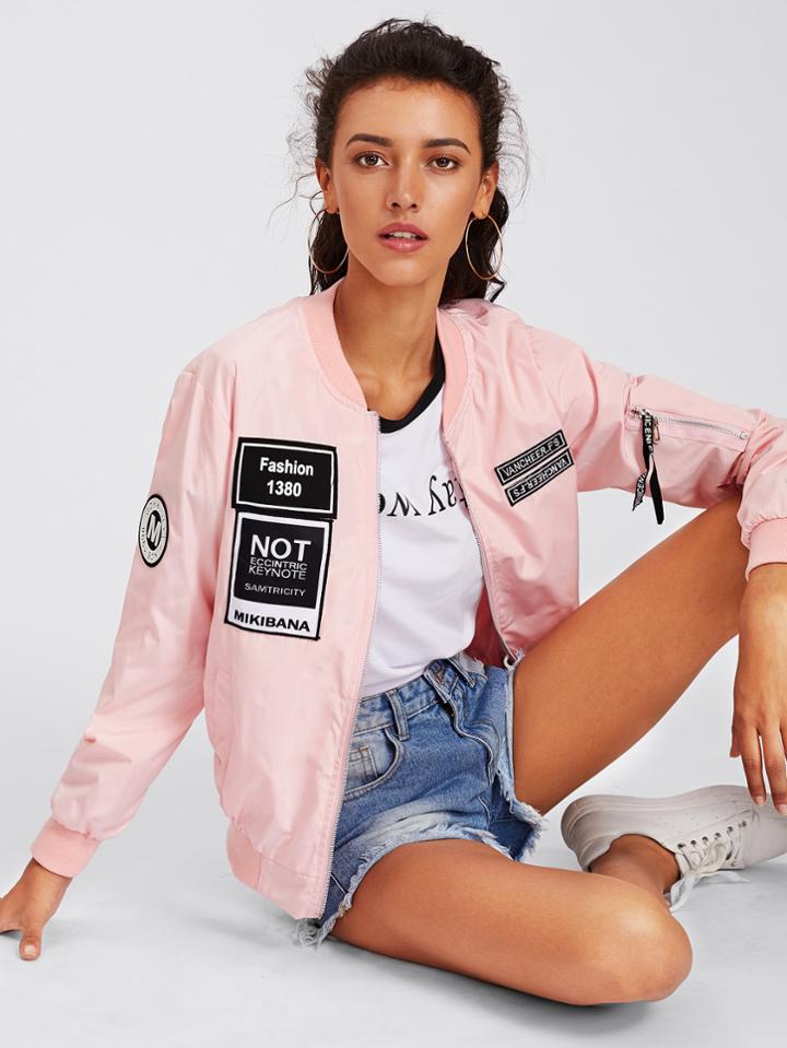 Shein Ribbed Trim Jacket With Badges