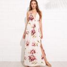 Shein Floral Print Split Hem Backless Halter Dress