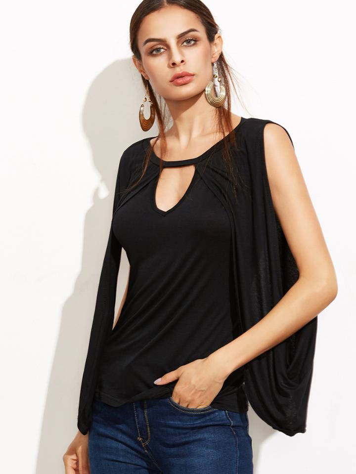 Shein Black Cutout Front Layered Drape T-shirt