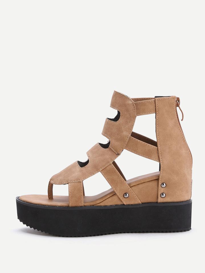 Shein Khaki Cutout Toe Post Flatform Sandals
