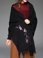 Shein Black Flowers Embroidered Tassel Shawl Coat