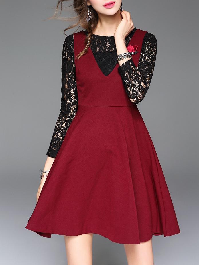 Shein Red False Two Pieces Lace Dress