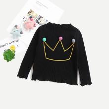 Shein Girls Pom Pom Crown Print Rib Knit Trim T-shirt