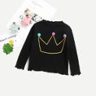 Shein Girls Pom Pom Crown Print Rib Knit Trim T-shirt