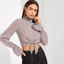 Shein Knot Front Bell Sleeve Leopard Print Top