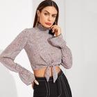 Shein Knot Front Bell Sleeve Leopard Print Top