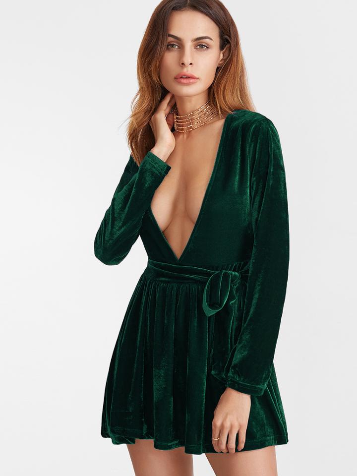 Shein Dark Green Deep V Neck Velvet Dress With Belt