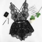 Shein Eyelash Lace Deep V Neck Sleep Romper