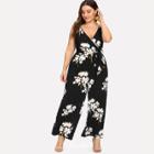 Shein Plus Belted Floral Wrap Cami Jumpsuit