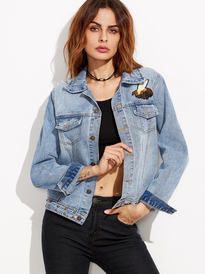 Shein Blue Embroidered Studs Detail Denim Jacket