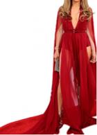 Rosewe Plunging Neck Red Belted Floor Length Dress