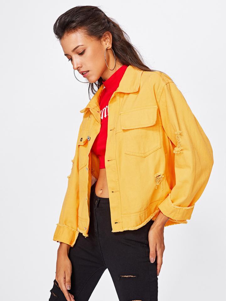 Shein Slit Side Frayed Denim Jacket