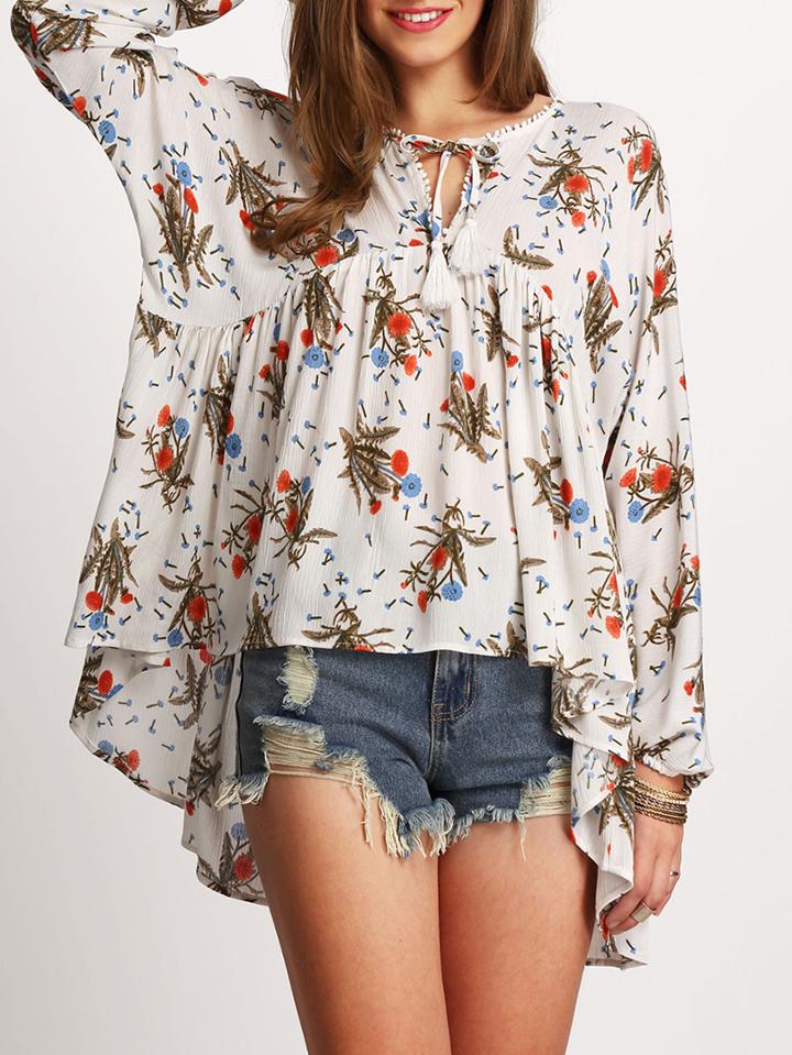 Shein White Tie Neck Floral Print Asymmectric Ruffle Blouse