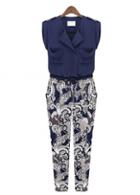 Rosewe Navy Blue Patchwork Design Sleeveless Chiffon Printed Jumpsuits