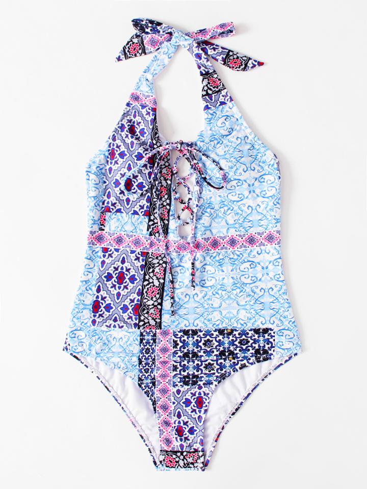 Shein Lace Up Geometric Pattern Swimsuit