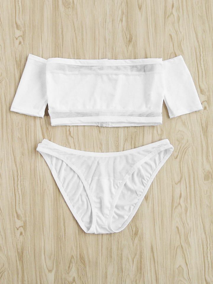 Shein Mesh Insert Off The Shoulder Bikini Set