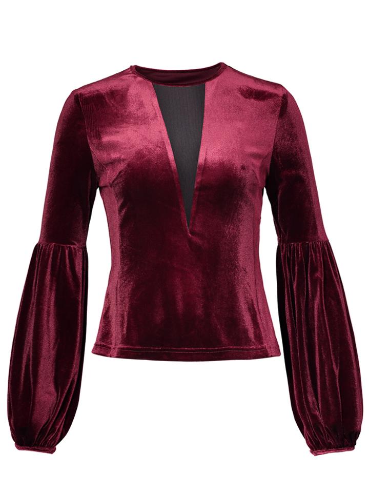 Shein Lantern Sleeve Deep V Neck Velvet Tee