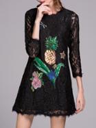 Shein Black Applique Pouf Beading Sequined Lace Dress